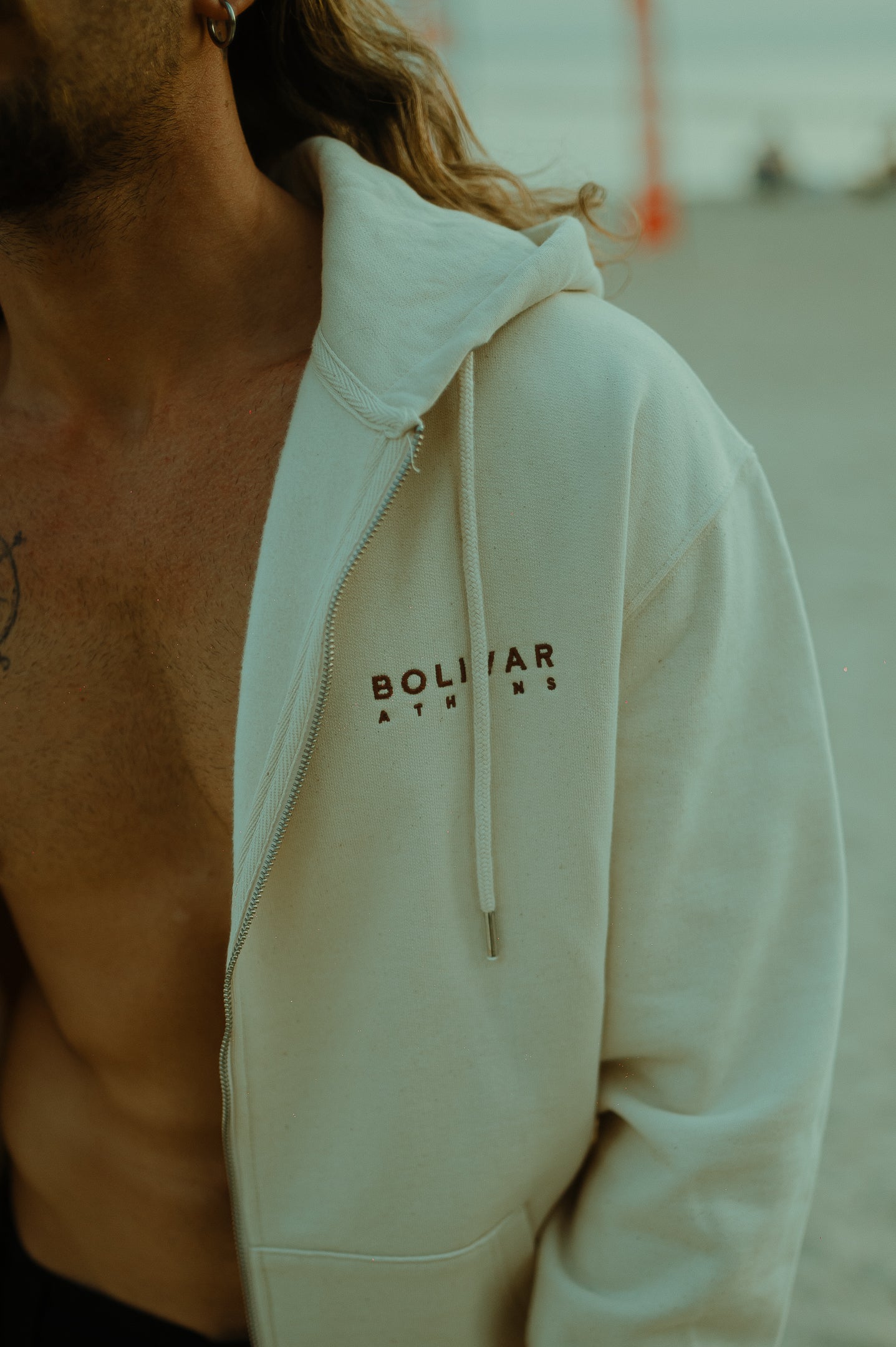 Zipper Hoodie Roof Logo In Ecru